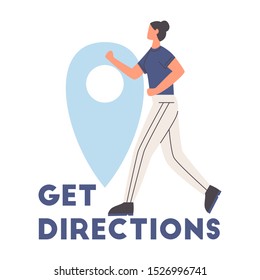 Woman running and location sign in the background. Get directions concept. Flat vector illustration