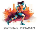 woman is running in marathon with art format 