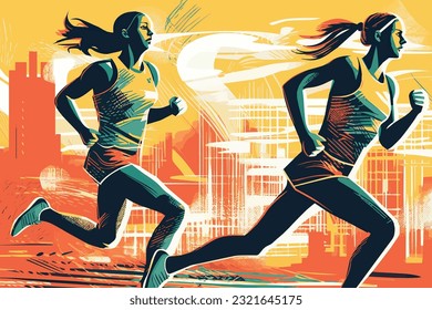 woman running a marathon with art format 