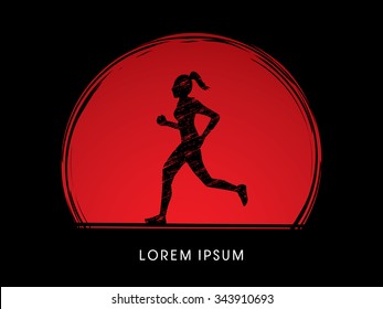 Woman running, Marathon designed using grunge brush on sunset or sunrise background graphic vector