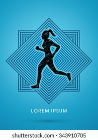 Woman running, Marathon designed using grunge brush on line square background graphic vector
