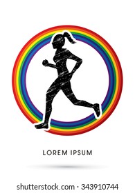 Woman running, Marathon designed using grunge brush on rainbows background graphic vector