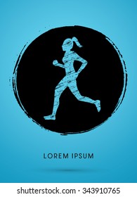 Woman running, Marathon designed using grunge brush on  grunge circle background graphic vector