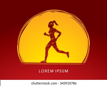 Woman running, Marathon designed using grunge brush on moonlight background graphic vector