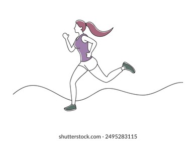 Woman running in marathon, determined expression, nearing finish line Hand drawn offset fill with doodle illustration