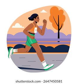 A woman running marathon illustration in flat style