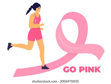 Woman running marathon on a pink ribbon road in support of breast cancer patients. October Awareness Month on Women's Health