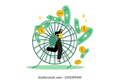 Woman is running for a money in hamster wheel. Concept design and metaphor of hard working