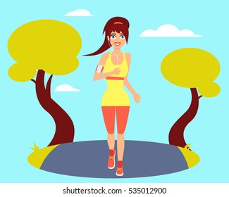 Woman running in the morning park and listening music. Vector illustration 