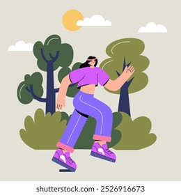 Mujer corriendo en la Naturaleza, actividad al aire libre de la aptitud, Ilustración vectorial del estilo de vida saludable.