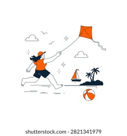 Woman running on beach flying kite with sailboat and palm trees