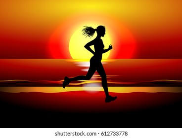Woman running on the beach. Vector illustration