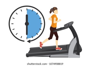 Woman running on electric treadmill with clock icon isolated on white. Illustration about perfect time to exercise