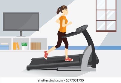 Woman running on electric treadmill at home. Illustration about comfortable exercise with Equipment.