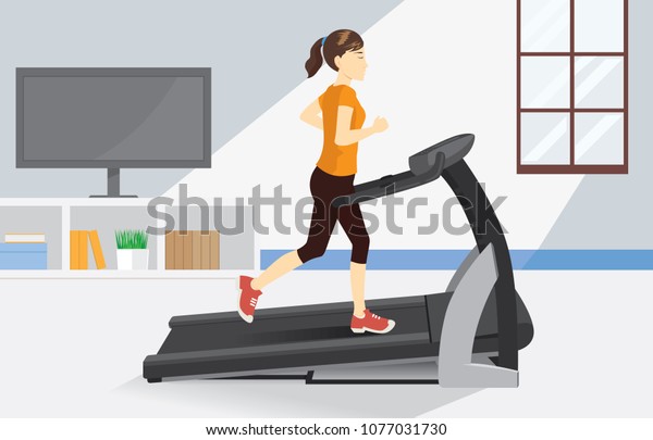 Woman running on\
electric treadmill at home. Illustration about comfortable exercise\
with Equipment.