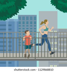 Woman running on an elevated rail trail illustration