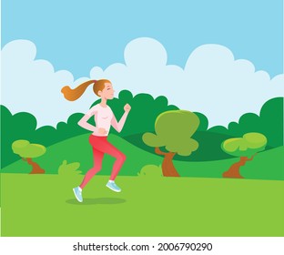 Woman running on the park enjoying nature. Happy woman running