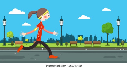 Woman Running on Road in City Park. Vector.