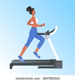 woman running on treadmill african american girl doing fitness exercises training healthy lifestyle concept full length vector illustration