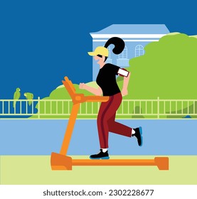 Woman Running on Treadmill on Balcony with City and Nature View: Vector Illustration