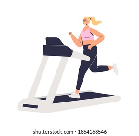 Woman running on treadmill. Cartoon female character training jogging. Sport, fitness and workout concept. Young sporty girl exercising. Flat vector illustration