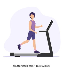 Woman running on the treadmill, concept illustration for sport, exercising, healthy lifestyle, cardio activity. Vector illustration in flat style