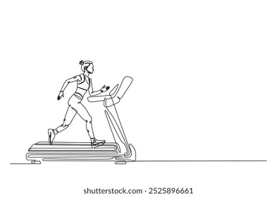 woman running on a treadmill continuous one line drawing. Single line art illustration of young lady running speed on treadmill. Editable vector.