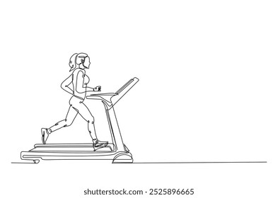 Mujer corriendo en una cinta de correr continua de una línea de dibujo. Ilustración de arte de una sola línea de la joven mujer corriendo velocidad en la cinta de correr. Vector editable.