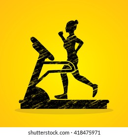 Woman running on a treadmill designed using grunge brush graphic vector