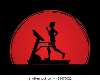 Woman running on a treadmill designed on sunset background graphic vector