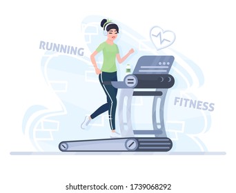 Mujer corriendo sobre una cinta de correr. Niña escuchando música mientras se queda sin entrenamiento. Fitness, deporte, concepto de gimnasia casera. Actividad cardiovascular, estilo de vida saludable. ilustración vectorial aislada en estilo plano de dibujos animados.