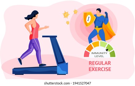Woman running on treadmill. Girl maintains healthy lifestyle to increase level of immunity