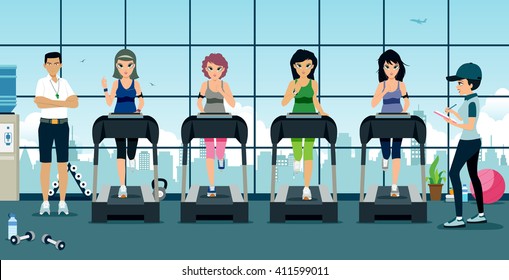 Woman running on Treadmill in the gym with trainer.