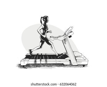 Woman running on a treadmill, Hand Drawn Sketch Vector illustration.