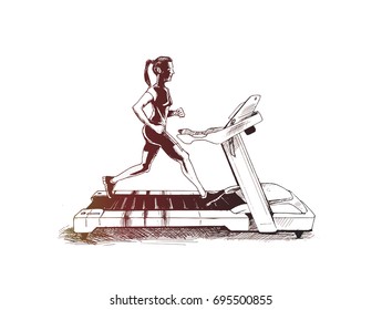 Woman running on a treadmill. Hand Drawn Sketch Vector illustration.