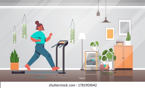 woman running on treadmill at home girl having workout cardio fitness training healthy lifestyle home sport concept living room interior full length vector illustration