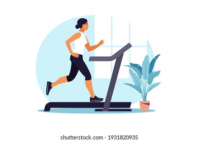 Woman running on a treadmill at home. Healthy lifestyle concept. Sport training. Fitness. Vector illustration. Flat.