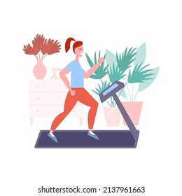 Woman running on treadmill at home vector illustration. Sport woman doing cardio in home interior.