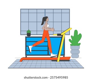 Woman running on treadmill in home gym cartoon flat illustration. Indoor workout jogging machine. Middle eastern girl cardio training 2D character isolated on white background. Vector colorful image