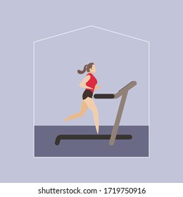 Woman running on treadmill in house isolated on background, Flat paper cut illustration vector