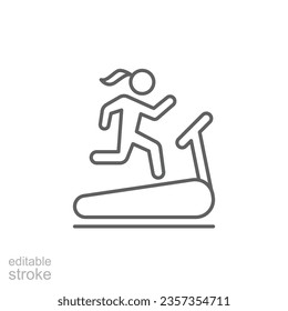 Woman running on treadmill icon. Simple outline style. Run, female, gym equipment, fitness, exercise machine, sport concept. Thin line symbol. Vector isolated on white background. Editable stroke SVG.