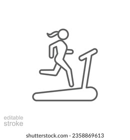 Woman running on treadmill icon. Simple outline style. Run, female, gym equipment, fitness, exercise machine, sport concept. Thin line symbol. Vector isolated on white background. Editable stroke SVG.