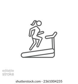 Woman running on treadmill icon. Simple outline style. Run, female, gym equipment, fitness, exercise machine, sport concept. Thin line symbol. Vector isolated on white background. Editable stroke SVG.