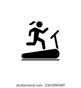 Woman running on treadmill icon. Simple solid style. Run, female, gym equipment, fitness, exercise machine, sport concept. Black silhouette, glyph symbol. Vector isolated on white background. SVG.