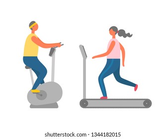 Woman running on treadmill, man on exercise bike, cardio training, side view of people in sportswear, modern sporty equipment, athletic human vector