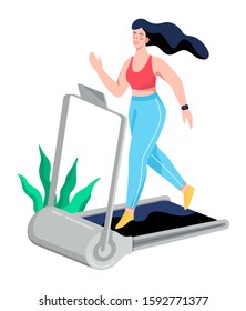 Woman running on a treadmill. Overweight girl doing exercise, training to have a fit figure. Vector flat illustration