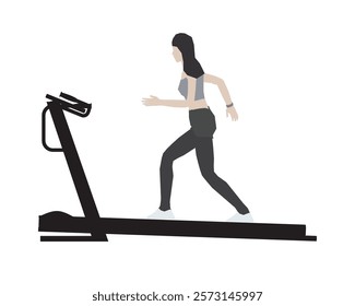 Woman is running on a treadmill. She is wearing a black shirt and black pants. Concept of determination and focus as the woman works out