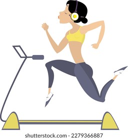 Woman running on a treadmill. Running simulator. 
Young woman in headphones running on a treadmill. Running machine or track.
