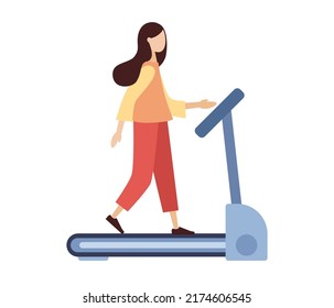 Woman running on treadmill. Sport concept. Fitness, exercising, healthy lifestyle, cardio activity. Vector flat illustration 