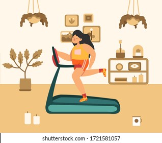 Woman running on a treadmill. Stay at home, keep calm, meditation concept, health benefits for the body.Healthy lifestyle workout slimming relax. Flat style. Vector stock illustration